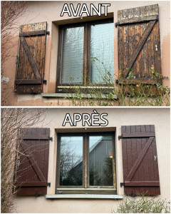 Photo de galerie -  Rénovation complète de volets en bois – Avant / Après Ponçage soigné, restauration du bois puis application d’une peinture haute couvrance, spécialement conçue pour protéger le bois contre l’humidité et les UV (soleil) .