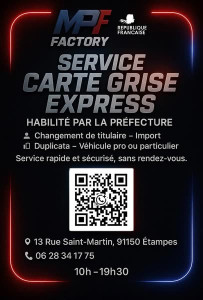 Photo de galerie - Service Carte Grise – Simple, rapide et sans stress

Nous vous accompagnons dans toutes vos démarches de carte grise, en toute simplicité.
Plus besoin de vous déplacer ou de perdre du temps : nous nous occupons de tout.