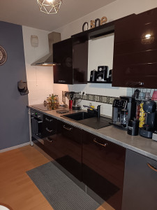 Photo de galerie - Aménagement cuisine après pose d'électroménager et évier + robinetterie, éclairages adapté rendant la cuisine fonctionnelle et lumineuse 