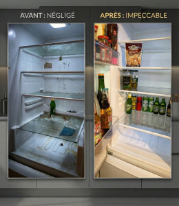 Photo de galerie - Une démonstration concrète de notre expertise en nettoyage approfondi. À gauche, un réfrigérateur nécessitant une intervention majeure. À droite, le résultat de notre protocole : un espace assaini, désinfecté et réorganisé, prêt à l'usage