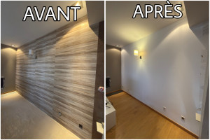 Photo de galerie - •	Rénovation complète du mur : décollage papier peint, préparation et peinture finition velours