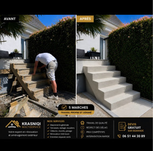 Photo de galerie - Avant ➜ Après ? Réalisation d’un escalier béton 5 marches avec finitions soignées pour un rendu moderne, solide et durable. Krasniqi Multiservice