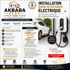 Photo de galerie - ⚡ Installation borne de recharge électrique
AKBABA ELEC vous propose la fourniture et l’installation de votre borne de recharge Cahors, Hager ou Schneider.
? À partir de 1 650 € HT avec Cahors
⚡ À partir de 1 950 € HT avec Hager ou Schneider