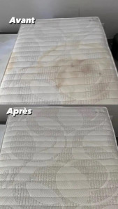 Photo de galerie - Photo avant/après démontrant l'efficacité de notre service de nettoyage de matelas. Le matelas initial présentait des taches jaunâtres et des salissures visibles. Après notre intervention, le matelas retrouve sa blancheur et sa propreté d'origine. Nettoya