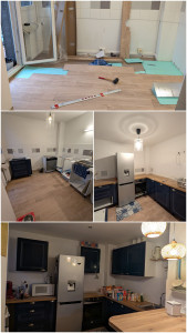 Photo de galerie - Réalisation d'une cuisine complète parquet, meuble en kit, création de lumière en suspension