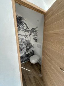 Photo de galerie - Installation d’un wc suspendu Geberit avec habillage placo, tapisserie et peinture 