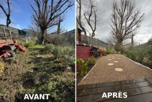 Photo de galerie - Aménagement d’un jardin ? Nettoyage du terrain, pose de géotextile, gravier et pas japonais pour créer un espace propre et facile d’entretien. ⚠️ Bordures et massifs réalisés par la cliente.