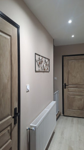 Photo de galerie - Ratissage des murs et plafond , peinture finition , porte peinte effet bois deux couche bâtis deux couches finitions.