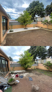 Photo de galerie - Installation de 2 bordure droite pour délimiter le gazon + 3 bordure en pierre autour des arbres. Ajout de cailloux blancs pour faire ressortir les différents arbres 