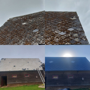 Photo de galerie - Traitement et demoussage d'une toiture 
avec mise en peinture résineuse et creation de puits de lumière.
