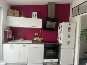 Photo de galerie - Rénovation d'un mur de cette cuisine avec passage d'une teinte verte à une couleur vive et moderne, apportant luminosité et caractère à la pièce.