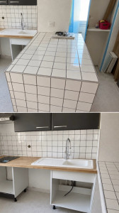 Photo de galerie - Faillante cuisine et ublot + joint  , pose et découpage du plan de travail , pose de la haute , pose du carrelage  au sol + joint pose de la plaque chauffante + l’évier  
