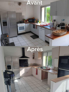 Photo de galerie - _ Dépose de l'ancienne cuisine 
_ Modification de l'installation électrique pour les nouveaux équipements de cuisine et rajout de 6 prises de crédence. 
_ Pose de la crédence en carrelage mural 
_ Rajout d'une prise pour un aspirateur balai sans fil. 
