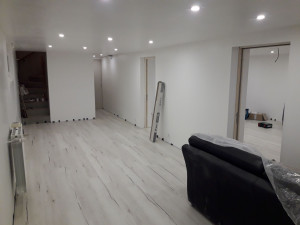 Photo de galerie - Rénovation d'un sous-sol : pose d'un parquet, faux plafond avec spots, isolation thermique et phonique des murs