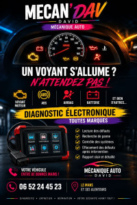 Photo de galerie - Mecan’Dav au Mans assure le diagnostic électronique de votre véhicule toutes marques : lecture et effacement des défauts, recherche de panne et contrôle des systèmes. Travail soigné, tarifs transparents et intervention rapide.