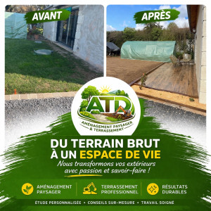 Photo de galerie - Création d’une terrassement sur plots avec retenue de terre en traverse paysagère et semi de gazon 