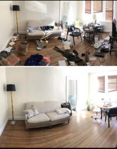Photo de galerie - Avant / après nettoyage et remise en ordre du salon : rangement complet, dépoussiérage et nettoyage pour un espace propre, lumineux et agréable à vivre. 
