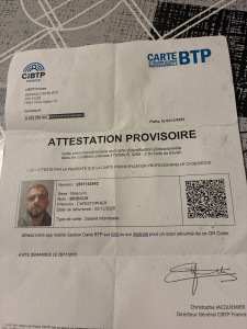 Photo de galerie - Mon document provisoire carte BTP en attente de se recevoir 