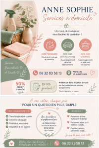 Photo de galerie - Micro entrepreneuse dans l'entretien de la maison et du linge mais également aide aux déplacements et aux courses, déclaration des 50% du crédit d'impôt 
n'hésitez pas à me contacter pour plus de renseignements 
Anne Sophie Service a la personne 
