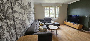 Photo de galerie - Rénovation d'un salon, avec pose d'un papier peint panoramique.