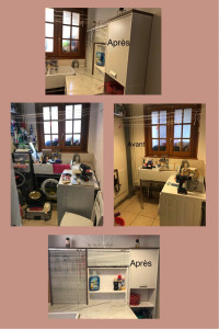 Photo de galerie - Rangement et réagencement d’une buanderie avec place réduite. Optimisation avec un plan de travail et rangement étagère 