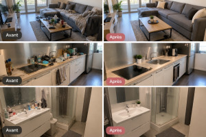 Photo de galerie - Exemple avant/après de nettoyage d’un salon, d’une cuisine et d’une salle de bain.