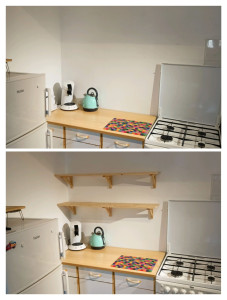 Photo de galerie - Installation d'étagères en bois dans une cuisine