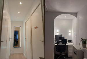 Photo de galerie - Cloisonnement cagibi au fond du couloir / Pose miroir LED + raccordement élect. / Pose faux plafond avec spots / Ouverture cagibi sur chambre pour espace bureau avec création arche + faux plafond + spot / Parquet / Prises & interrupteur va-et-vient