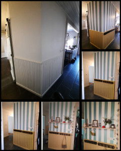 Photo de galerie - Conception et Réalisation d'un couloir avec pour inspiration les rayures bleues et sous bassement jaune qui donnent un esprit cottage à cet espace sans vie. 
