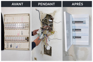 Photo de galerie - Rénovation complète du tableau électrique : remplacement de l’ancien tableau, reprise du câblage et installation d’un tableau neuf avec protections adaptées.