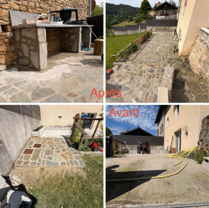 Photo de galerie - Création d’un pavage en pierre sur une dalle de 60m2 ainsi d’un mur en parpaing de 40cm de haut 