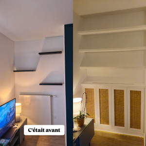 Photo de galerie - Bibliothèque cache radiateur en MDF et cannage étagères en tasseau prisonnier fixation invisible 