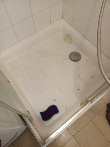 Photo de galerie - Avant intervention – Bac de douche fortement encrassé, nécessitant un nettoyage approfondi et une remise en état.