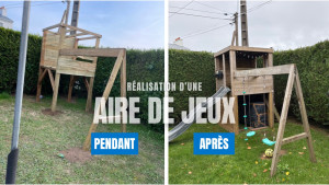 Photo de galerie - Réalisation d'une cabane et balançoire pour enfants.