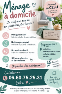 Photo de galerie - Bonjour, je propose mes services de ménage à domicile à 15 € de l’heure, en CESU. N’hésitez pas à me contacter si vous êtes intéressé!

