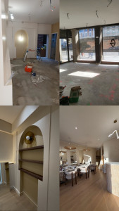 Photo de galerie - Rénovation complète d’un local commercial : transformation des volumes, création d’éléments décoratifs sur mesure (niches cintrées et habillages muraux), reprise des sols et murs, finitions haut de gamme et aménagement d’un espace showroom clé en main.