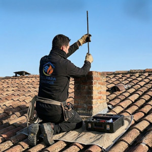 Photo de galerie - Ramonage par le haut d'un conduit de cheminé.