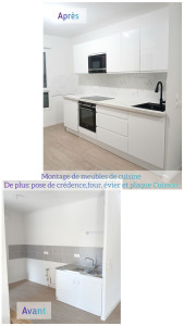 Photo de galerie - Montage de meubles de cuisine.
De plus: pose de crédence, plan de travail, évier, four et plaque de Cuisson