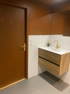 Photo de galerie - Sur cette photo, j’ai installé un meuble vasque, j’ai également fait toutes les connexions d’arrivée et d’évacuation d’eau. J’ai fait la peinture. Les poignées de porte, seuil, de porte, porte-manteau doré. Poursuivre les demandes de ma cliente.