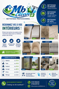 Photo de galerie - Nettoyage à domicile – Marseille
✔ Matelas dès 50 €
✔ Tapis dès 40 €
✔ Fauteuil dès 40 €
✔ Canapé dès 70 €
✔ Vitres et ménage sur devis
Machine injecteur-extracteur – déplacement possible