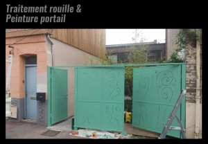 Photo de galerie - Traitement rouille et peinture de portail (initialement bleu à gauche)