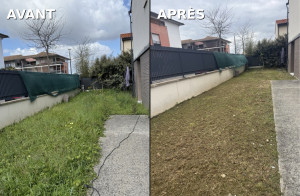 Photo de galerie - Désherbage complet et tonte — de la jungle au gazon net.