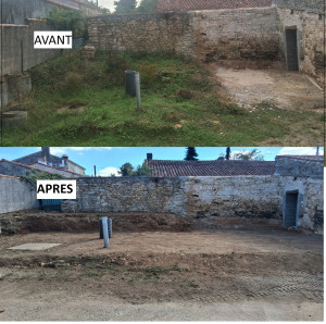 Photo de galerie - Débroussaillage, décaissement et nivellement du terrain afin de retrouver une surface propre, régulière et prête pour la suite des travaux. Remise en état avec évacuation des végétaux et mise en forme du terrain.