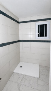Photo de galerie - Douche avec listels en vert pour décoration 
