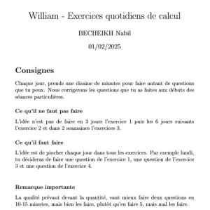 Photo de galerie - Page de garde des exercices quotidiens que je donnais à mon élève William (4e). Les exercices portaient sur la résolution des équations du premier degré