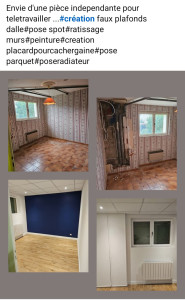Photo de galerie - Decollage de tapisserie,creation de faux
 plafonds;pose de spot,pose parquet et plinthes ,creation placard technique,peinture