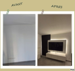Photo de galerie - J’ai réalisé l’installation complète du meuble TV : pose du meuble suspendu, panneau mural, tasseaux décoratifs et éclairage LED intégré pour un rendu moderne et épuré.