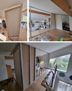 Photo de galerie - Réalisation d'une cloison placo pour création d'un pièce.
Intégration et modification d'une porte sous rampant.
Réalisation et intégration d'une verrière.
