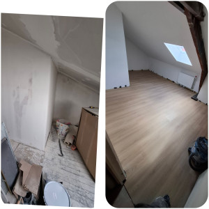 Photo de galerie - Rattrapage enduit , poncage peinture , pose parquet stratifié. 

