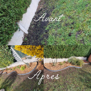 Photo de galerie - Création et aménagement d’un massif avec préparation du sol, mise en forme, plantations et finition en paillage pour un rendu propre, esthétique et facile à entretenir.

Avant / Après réalisé par ND Jardins & Paysages.

